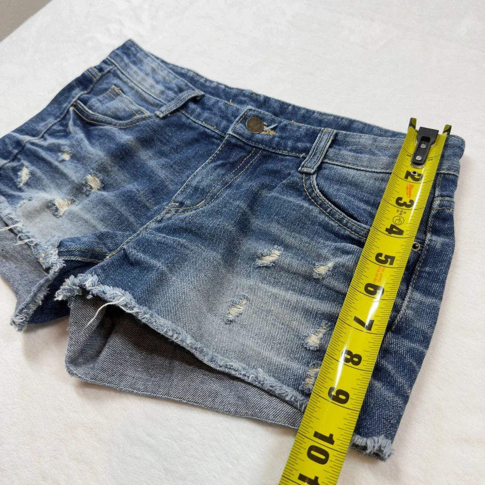 Flyup Distressed Denim Shorts Womens Size M Blue Good Frayed Hem Low Rise Cutoff